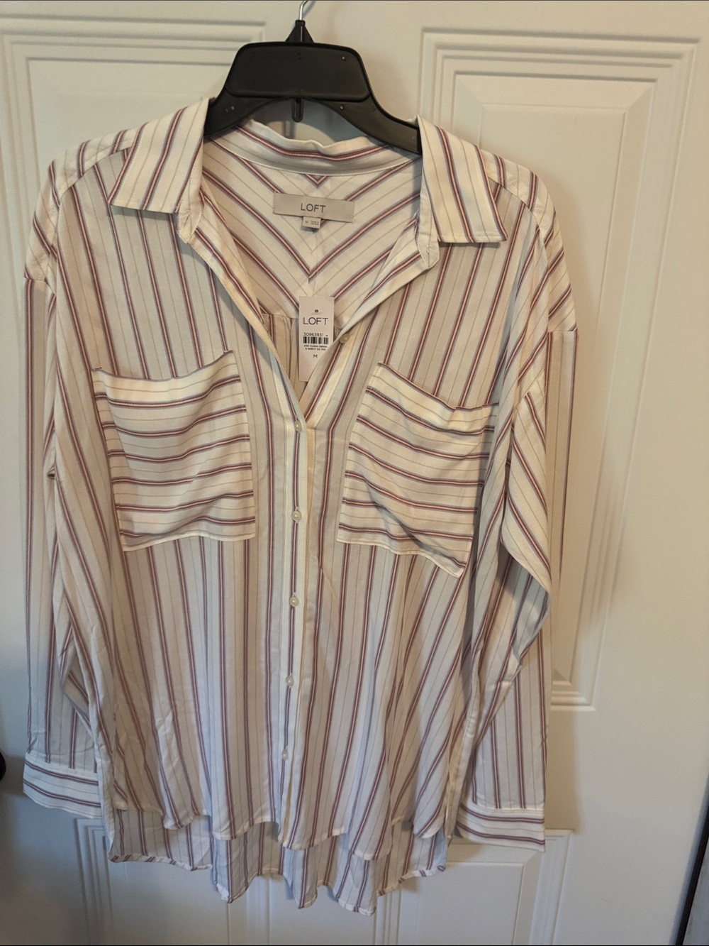 LOFT Cream Button-Down Shirt with Burgundy and Gray Stripes